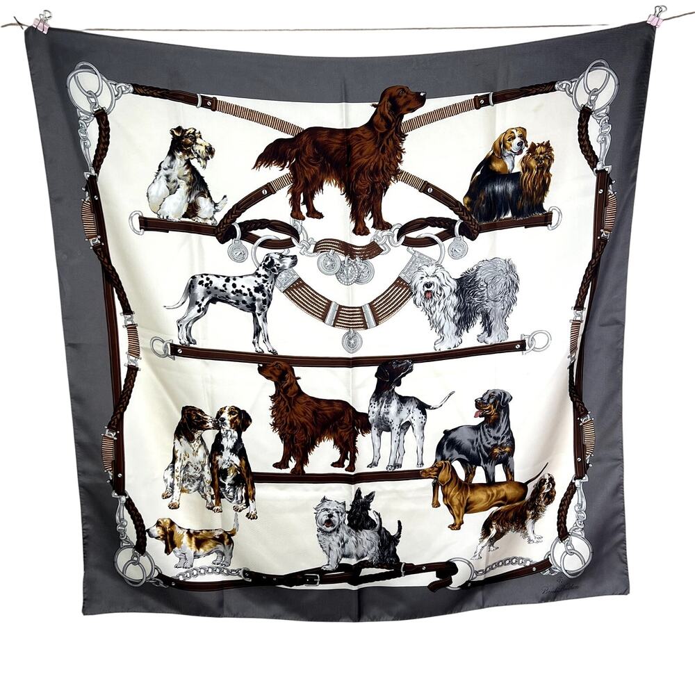 Brooks Brothers Dog Breeds Printed Silk Scarf Square Leashes Gray White